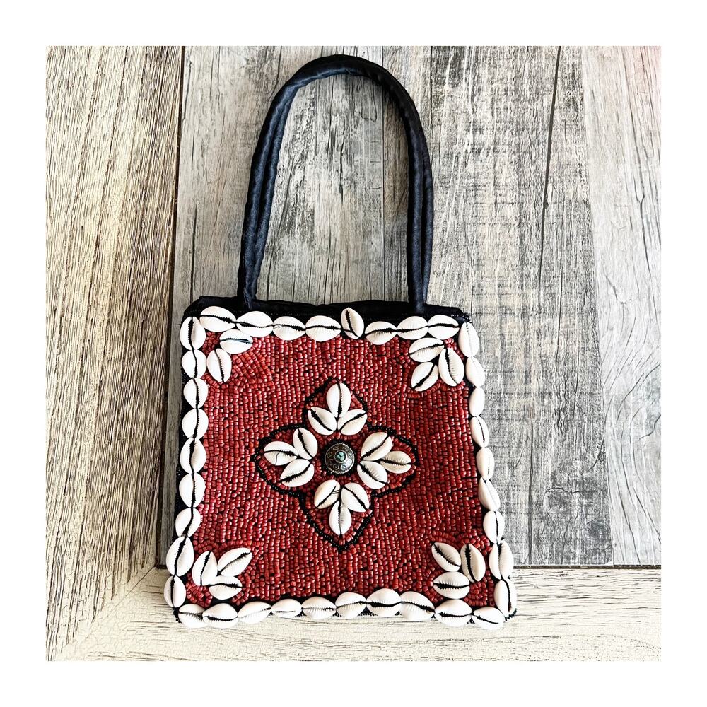 VTG aRYAN'S Mini Handbag Black Red Beaded Square Seashell Ethnic Tribal Boho